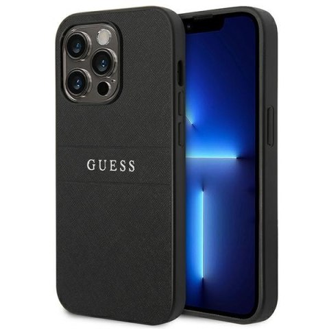 Guess Saffiano Metal Logo Stripes - Case for iPhone 14 Pro (Black)