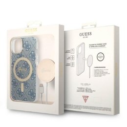 Guess Bundle Pack MagSafe 4G - Set of case for iPhone 14 + MagSafe charger (Blue/Gold)