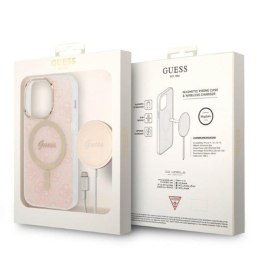 Guess Bundle Pack MagSafe 4G - Set of case for iPhone 14 Pro + MagSafe charger (Pink/Gold)