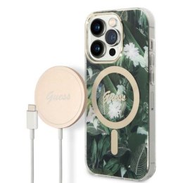 Guess Bundle Pack MagSafe IML Jungle - Set of case for iPhone 14 Pro + MagSafe charger (Khaki/Gold)