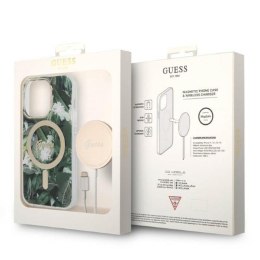 Guess Bundle Pack MagSafe IML Jungle - Set of case for iPhone 14 Pro + MagSafe charger (Khaki/Gold)