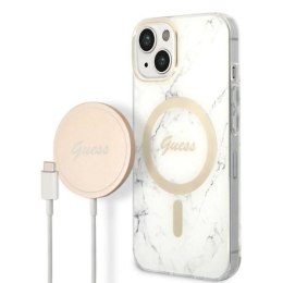 Guess Bundle Pack MagSafe IML Marble - Set of case for iPhone 14 Plus + MagSafe charger (White/Gold)