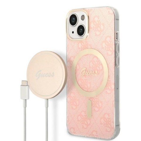 Guess Bundle Pack MagSafe 4G - Set of case for iPhone 14 Plus + MagSafe charger (Pink/Gold)