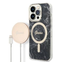 Guess Bundle Pack MagSafe IML Marble - Set of case for iPhone 14 Pro Max + MagSafe charger (Black/Gold)