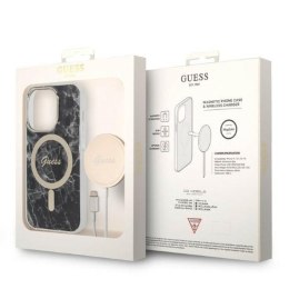 Guess Bundle Pack MagSafe IML Marble - Set of case for iPhone 14 Pro Max + MagSafe charger (Black/Gold)