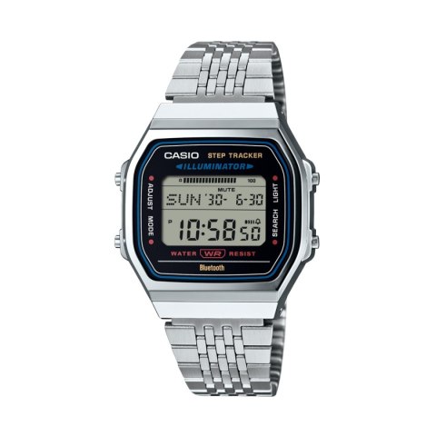 CASIO VINTAGE Mod. SILVER -BLUETOOTH® SMARTPHONE LINK w. built-in accelerometer senses body movements + steps counter